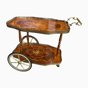 Chariot de Service à 3 Roues avec Plateaux Marquetry, 1950s