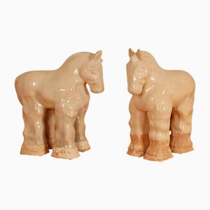 Tall Vintage Ceramic Horse Sculptures in Glazed Terracotta, Set of 2