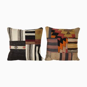 Turkish Square Handwoven Kilim Cushion Covers, Set of 2