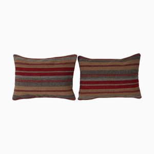 Turkish Striped Kilim Lumbar Cushion Covers, Set of 2