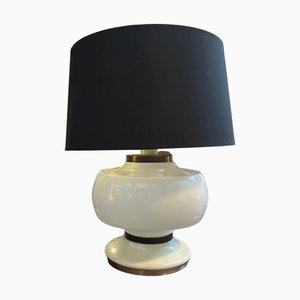 Lampe de Bureau Mid-Century Moderne en Verre Opalin Blanc et Laiton, Italie, 1970s