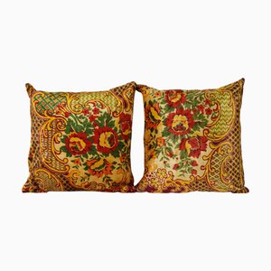 Vintage Velvet Cushion Covers wtith Red and Yellow Floral Pattern, Set of 2