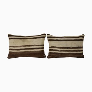 Turkish White Striped Hemp Kilim Cushion Covers, Set of 2