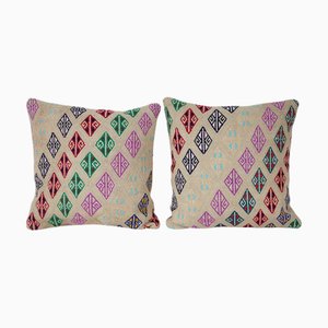 Long Turkish Jajim Lumbar Cicim Cushion Covers in Pink Wool, Set of 2