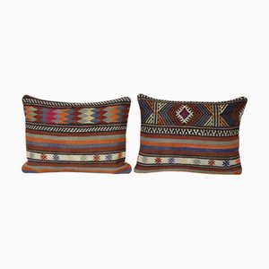 Turkish Striped Kilim Cushion Covers with Geometric Patterns, Set of 2