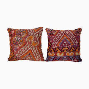 Turkish Red and Orange Kars Kilim Cushion Covers, Set of 2