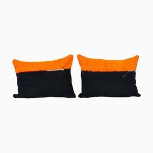Turkish Handwoven Orange and Black Wool Kilim Cushion Covers, Set of 2