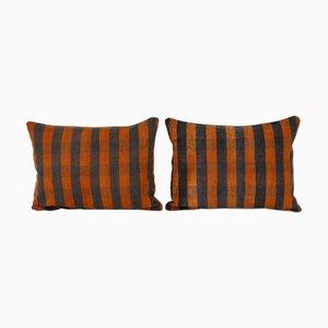 Turkish Cushion Covers with Orange and Black Plaid Pattern, Set of 2