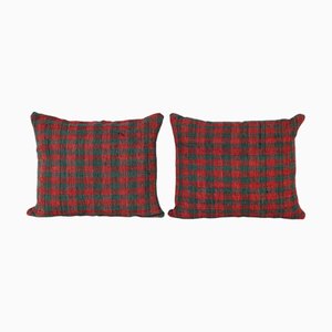 Turkish Red and Green Plaid Wool Kilim Cushion Covers, Set of 2