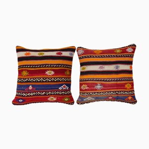 Housses de Coussin Kilim en Laine à Rayures Artisanales, Turquie, Set de 2