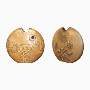 Mid-Century Brown Ceramic Fish and Flower Vases from Rois de Majorque, France, 1970s, Set of 2