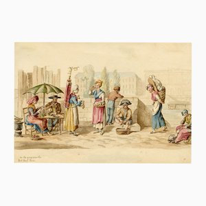 Figures on the Quay near the Pont Neuf, Paris, 1820s, Watercolour