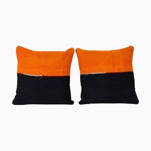 Turkish Handmade Orange and Black Kilim Cushion Covers, Set of 2