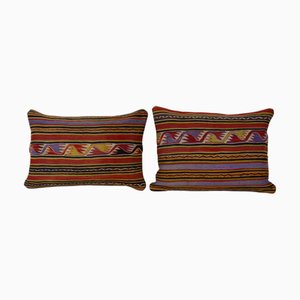 Turkish Anatolian Handwoven Striped Kilim Cushion Covers, Set of 2