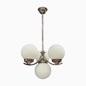 Art Deco Chrome Pendant with Opaline Glass, 1930s