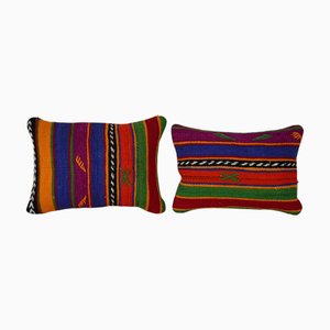 Turkish Red Oushak Kilim Cushion Covers in Wool, Set of 2
