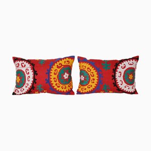 Uzbek Faded Red and Yellow Suzani Cushion Covers, Set of 2