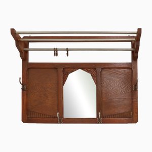 Art Deco Oak Carved Wall Coat Rack with Mirror, France, 1920s