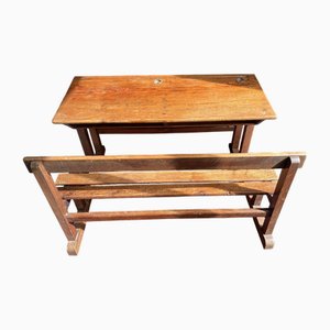 Bureau d'École Vintage en Bois avec Banc Intégré, 1950s