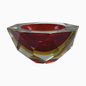 Vintage Italian Red and Yellow Faceted Glass Diamond Bowl by Flavio Poli, 1960s