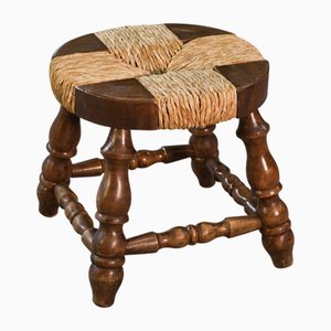 Sgabello brutalista in faggio e giunco, anni '60