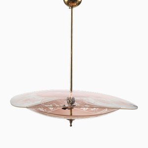 Lámpara colgante Mid-Century de vidrio rosa y transparente