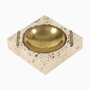 Posacenere Mid-Century in travertino e ottone nello stile di Fratelli Mannelli, Italia, anni '70