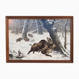 J. Bardin, Combat De Sanglier, Peinture À L'huile, Encadré