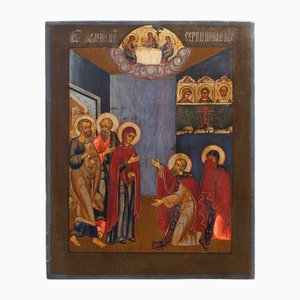 Traditional Religious Icon with Saint Healing a Sick Person, 1800s, Tempera on Wood