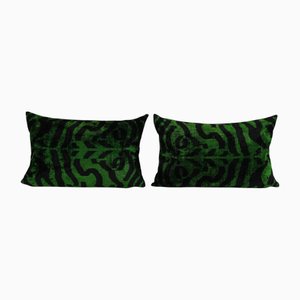 Green and Black Silk Velvet Cushion Covers with Zebra Patterns, Set of 2