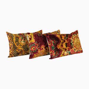 Handmade Yellow and Red Velvet Cushion Covers, Set of 3