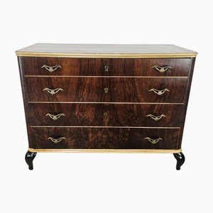 Cassettiera in mogano e acero con piedi laccati, 1950