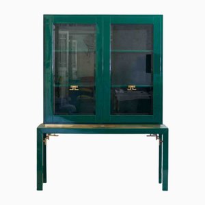 Large Display Cabinet in Green Lacquered Wood with Brass Details, 1980s