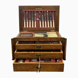 English Silver-Plated Cutlery Set in Oak Box, Set of 119
