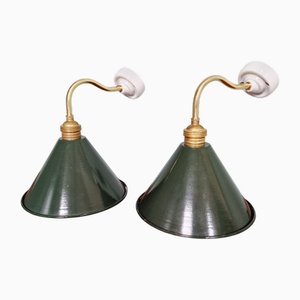 Industrial Wall Lights in Brass and Green Enamelled Sheet Metal, 1950s, Set of 2