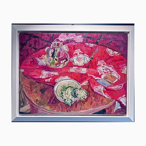 Maya Kopitzeva, Still Life with Lilies of the Valley and a Red Tablecloth, 1979, Oil on Canvas