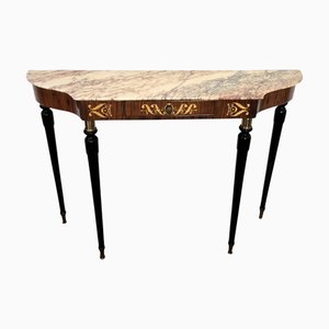 Mid-Century Modern Italian Black Wood and Brass Console Table with Marble Top, 1950s
