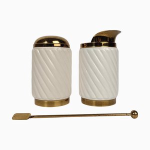 Brass and Ribbed Ivory Ceramic Cocktail Set in the style of Tommaso Barb, 1970s, Set of 3