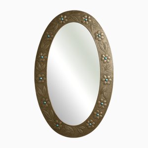 Large Oval Pewter Mirror with Floral Reliefs and Turquoise Cabochons, 1950s