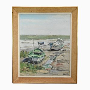 J-P. Guinegault, Boats at Low Tide, 20th Century, Oil on Canvas, Framed