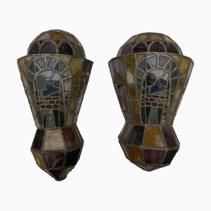 Lampade da parete Art Déco in vetro piombato, XX secolo, set di 2