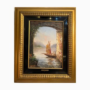 F. Mancini, Aperçu d'un paysage lacustre, 19e siècle, Peinture à l'huile sur panneau, encadrée