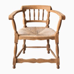 Antique Spanish Armchair, Natural Oak, Wicker Seat, 1890s