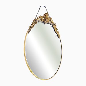 Art Deco Style Oval Mirror with Brass Floral Details, 1960s