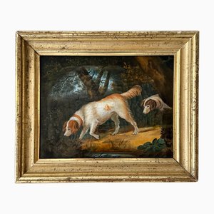 Biedermeier Artist, Hunting Scene with Two Dogs in Landscape, 1820, Oil on Canvas, Framed