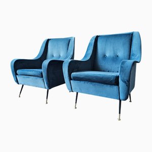 Mid-Century Armchairs in Blue Velvet, Italy, 1950s, Set of 2