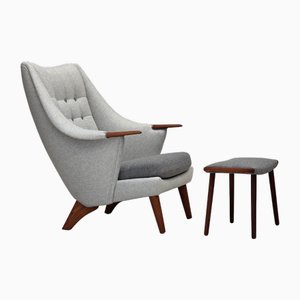 Poltrona con schienale alto e poggiapiedi in teak e lana, Danimarca, anni '70