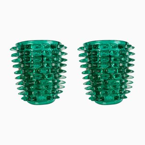 Large Green Murano Glass Wall Lamps with Spikes and Gold Finish Frames, 1990s, Set of 2