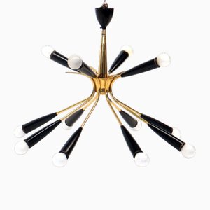 Italian Vintage Hanging Lamp Stilnovo Style Made of Brass with 12 Light Points, 1970s