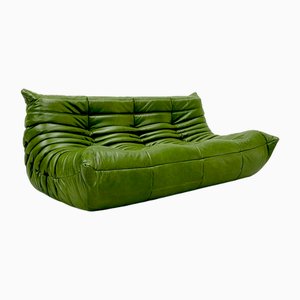 French Three-Seater Togo Sofa in Forest Green Leather attributed to Michel Ducaroy for Ligne Roset